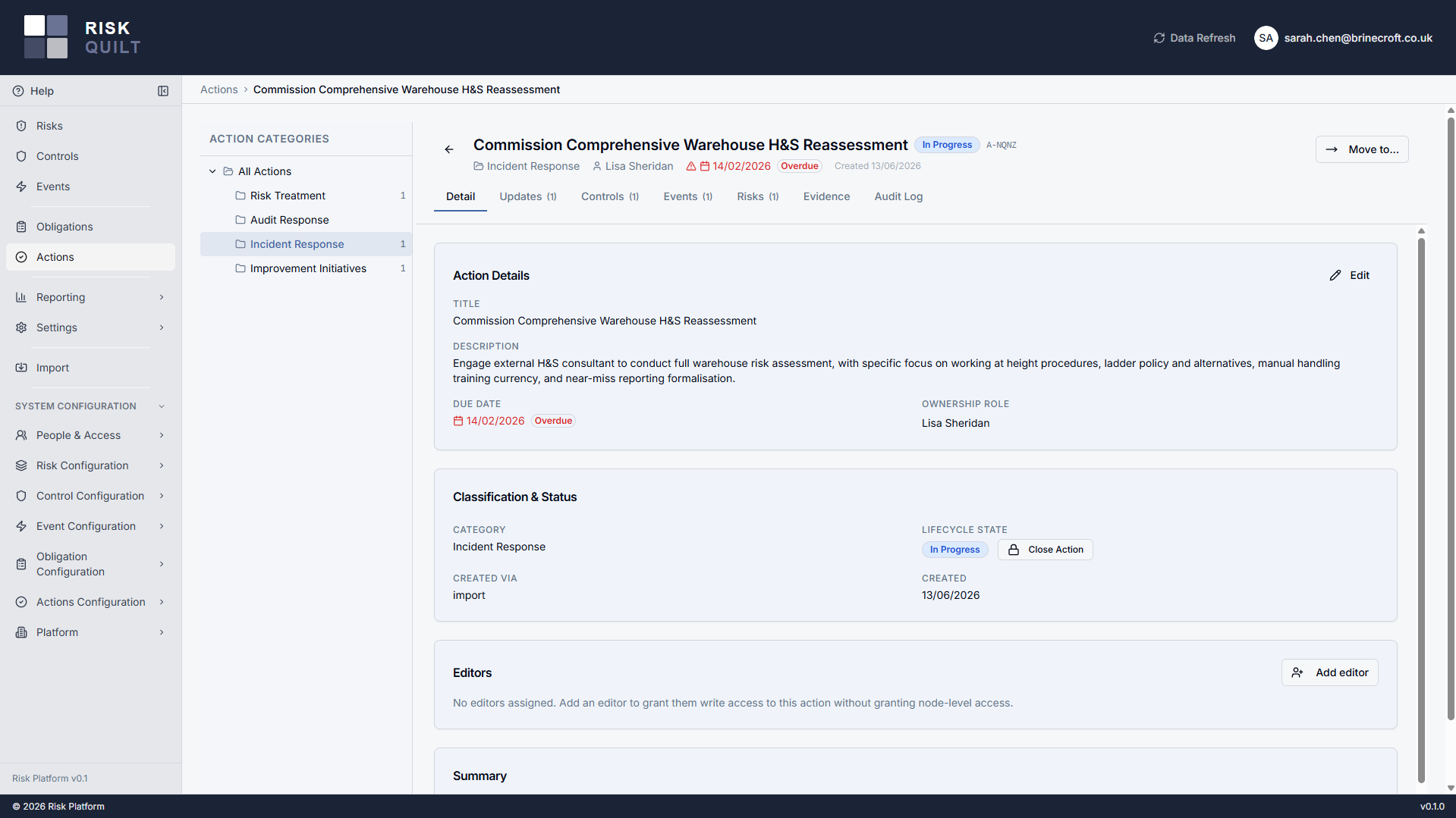 Action detail view showing the lifecycle state, the single owner role, an optional due date with an overdue flag, and the sources the action is linked to.