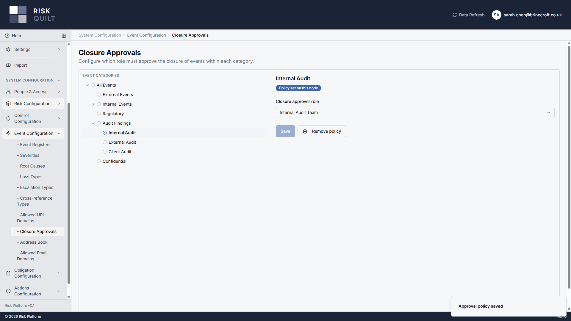 Closure Approvals configuration — an event-category tree with a closure-approval policy set on the 'Internal Audit' category and its approver role (Internal Audit Team) chosen, giving segregation of duties on closure.