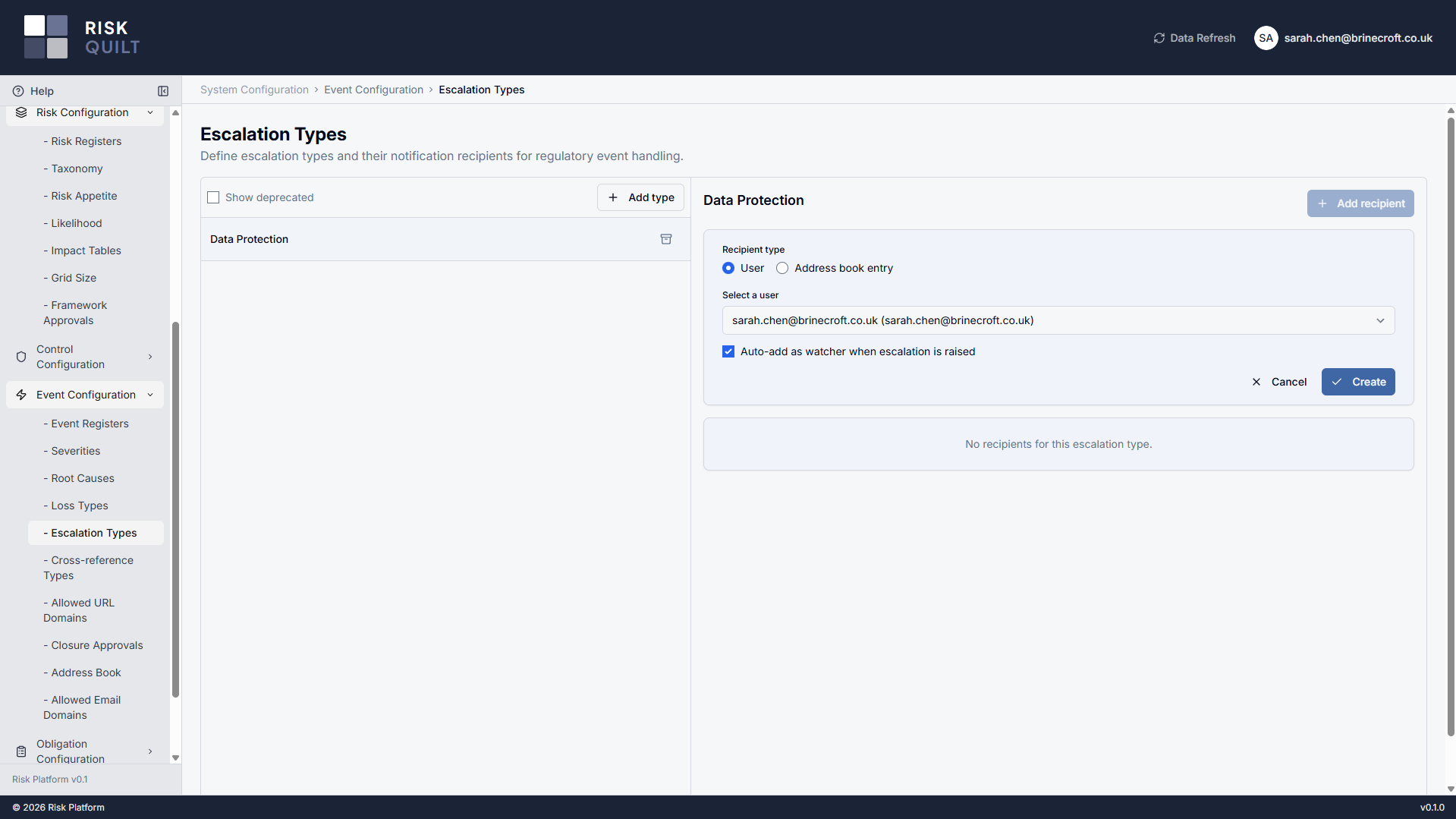 Escalation Types configuration — a 'Data Protection' regulatory-escalation type with a recipient being added (a user or address-book entry) and 'auto-add as watcher when escalation is raised' enabled.