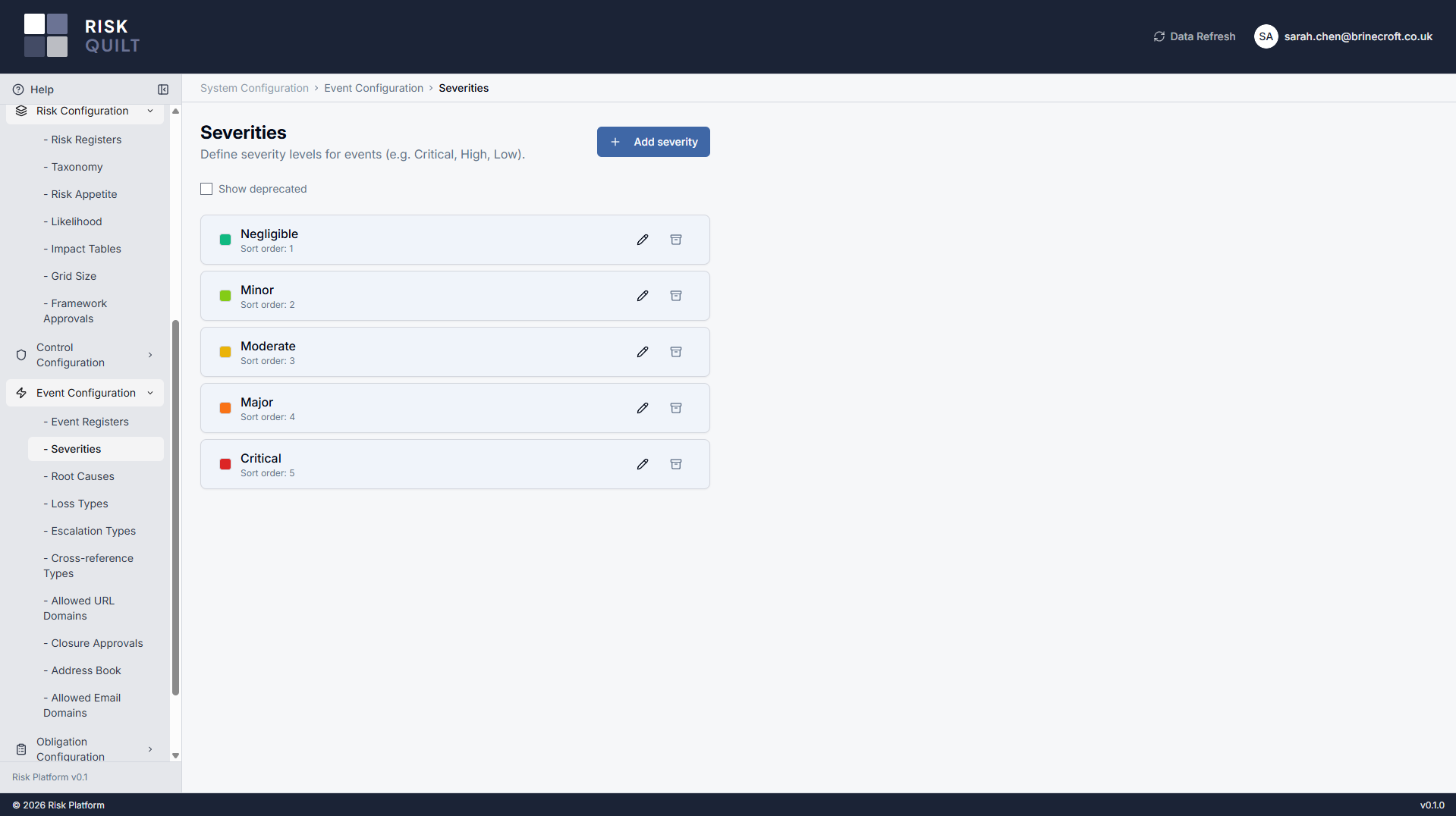 Event Configuration — the Severities list with colour swatches, sort order and a deprecate action, alongside the side menu of other organisation-managed lists: root causes, loss types, escalation types, cross-reference types and the address book.