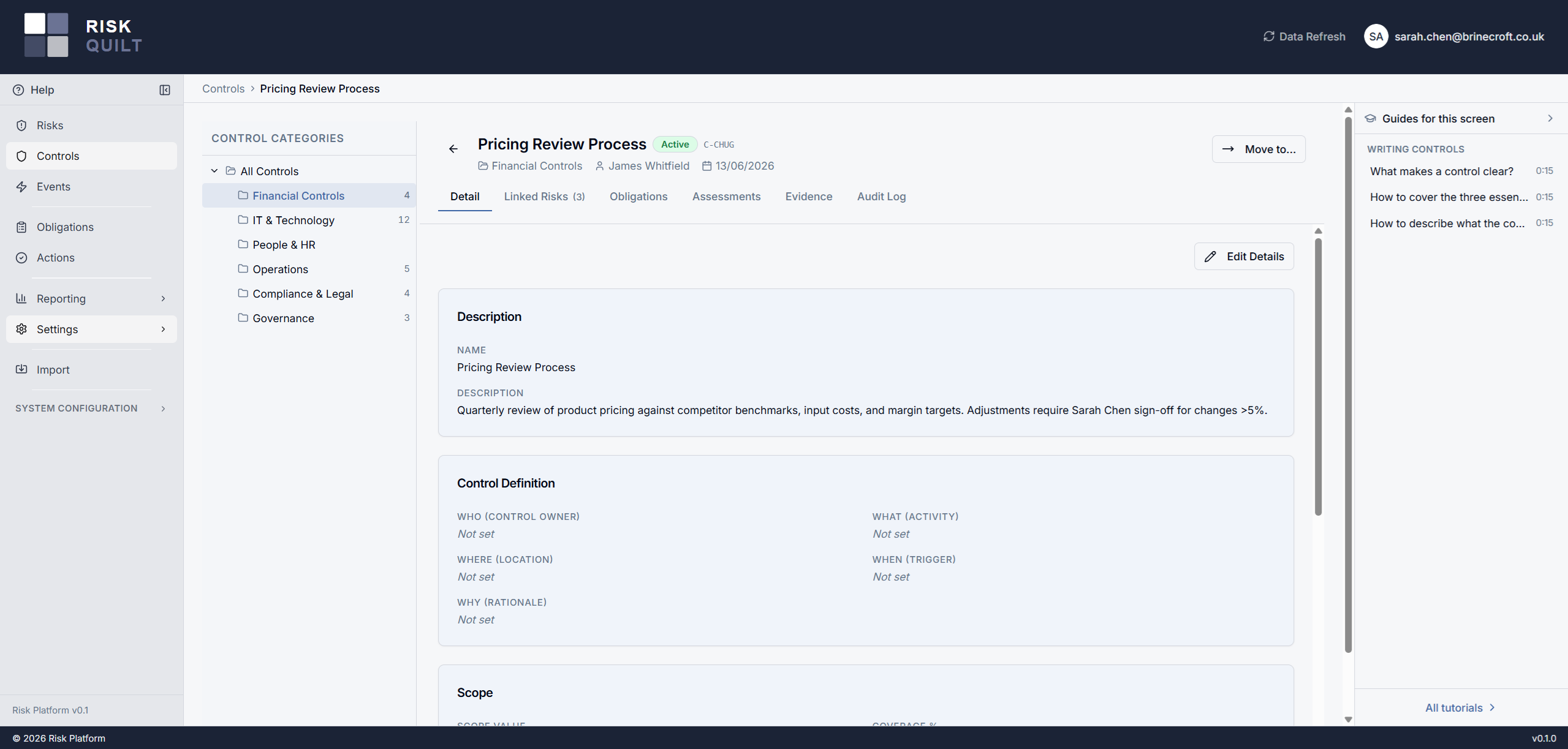 RiskQuilt control detail showing effectiveness assessment, evidence, and linked risks