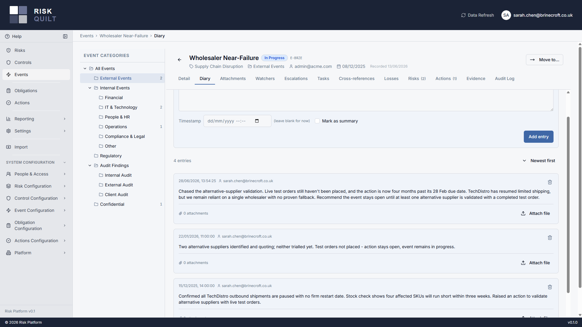Event detail showing the diary main flow — timestamped entries in chronological order, the severity and lifecycle state in the header, and the occurred/reported/discovered dates.