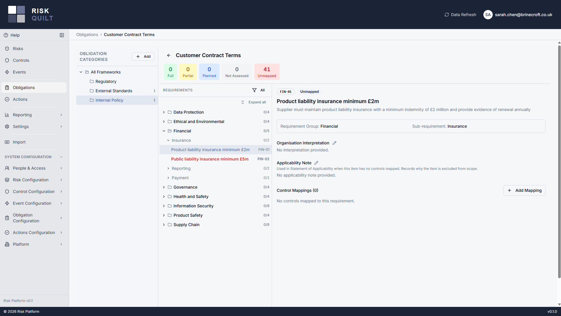 Framework requirements in the grouped, nested display, with one requirement expanded to show its reference code, immutable description, and the editable organisation interpretation field.
