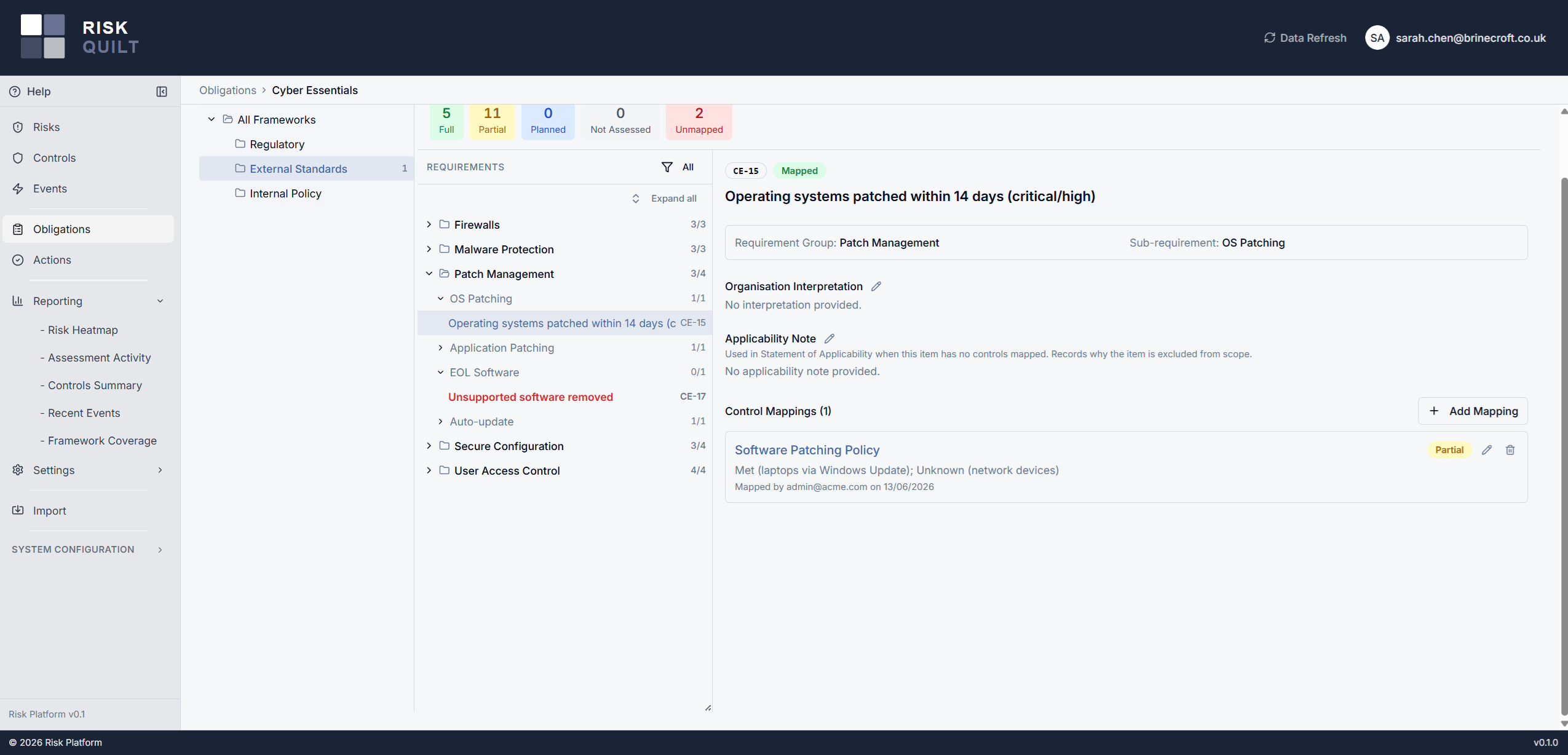 RiskQuilt obligation mapping showing framework requirements linked to controls with coverage status