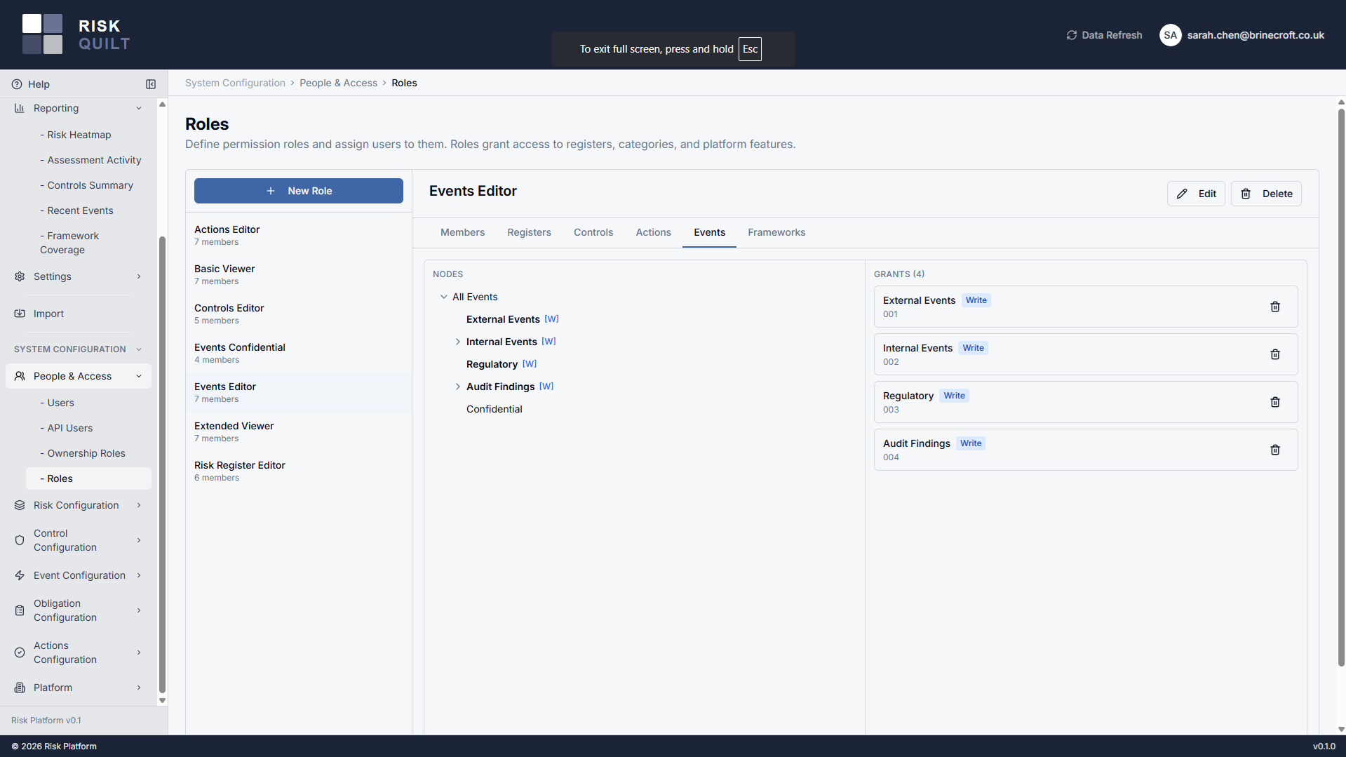 A general user role's Events permission tab — the Confidential events category is left ungranted, so those events never appear in their tree.