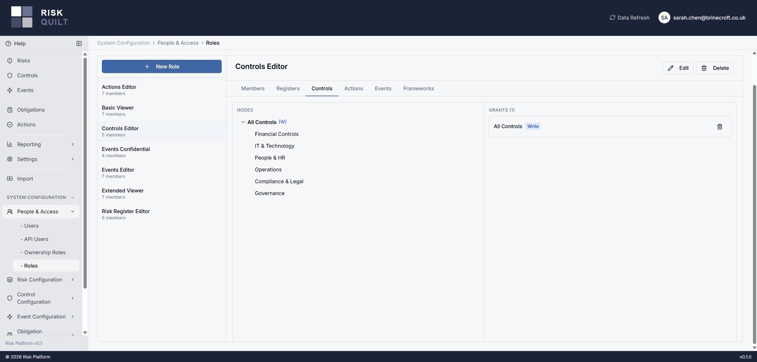 Roles admin page (master-detail) showing a role selected, with its permission tabs — Registers, Controls, Actions, Events, Frameworks — and read/write grants listed under the open tab.