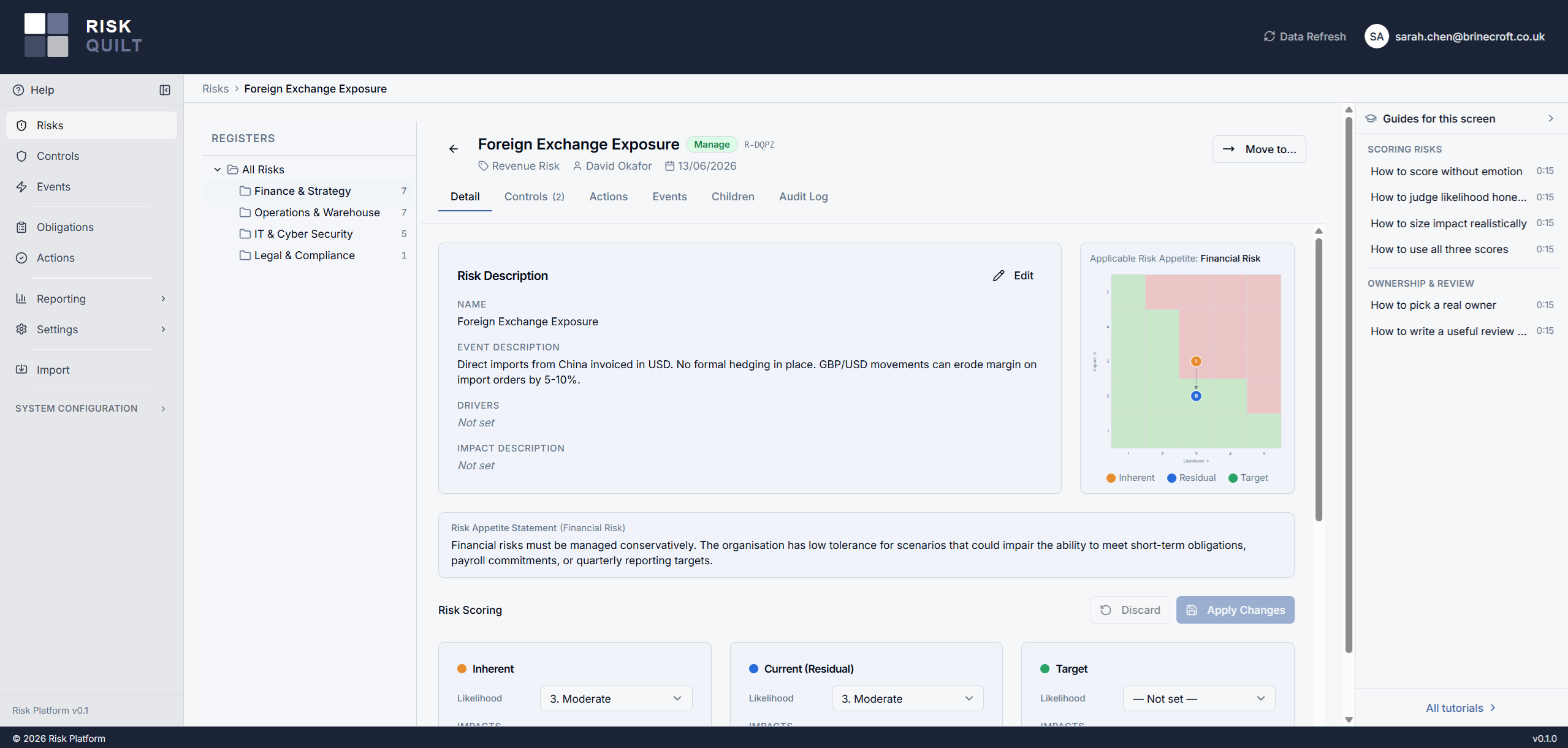 Risk detail header showing the single owner role, current lifecycle state, and the risk score.