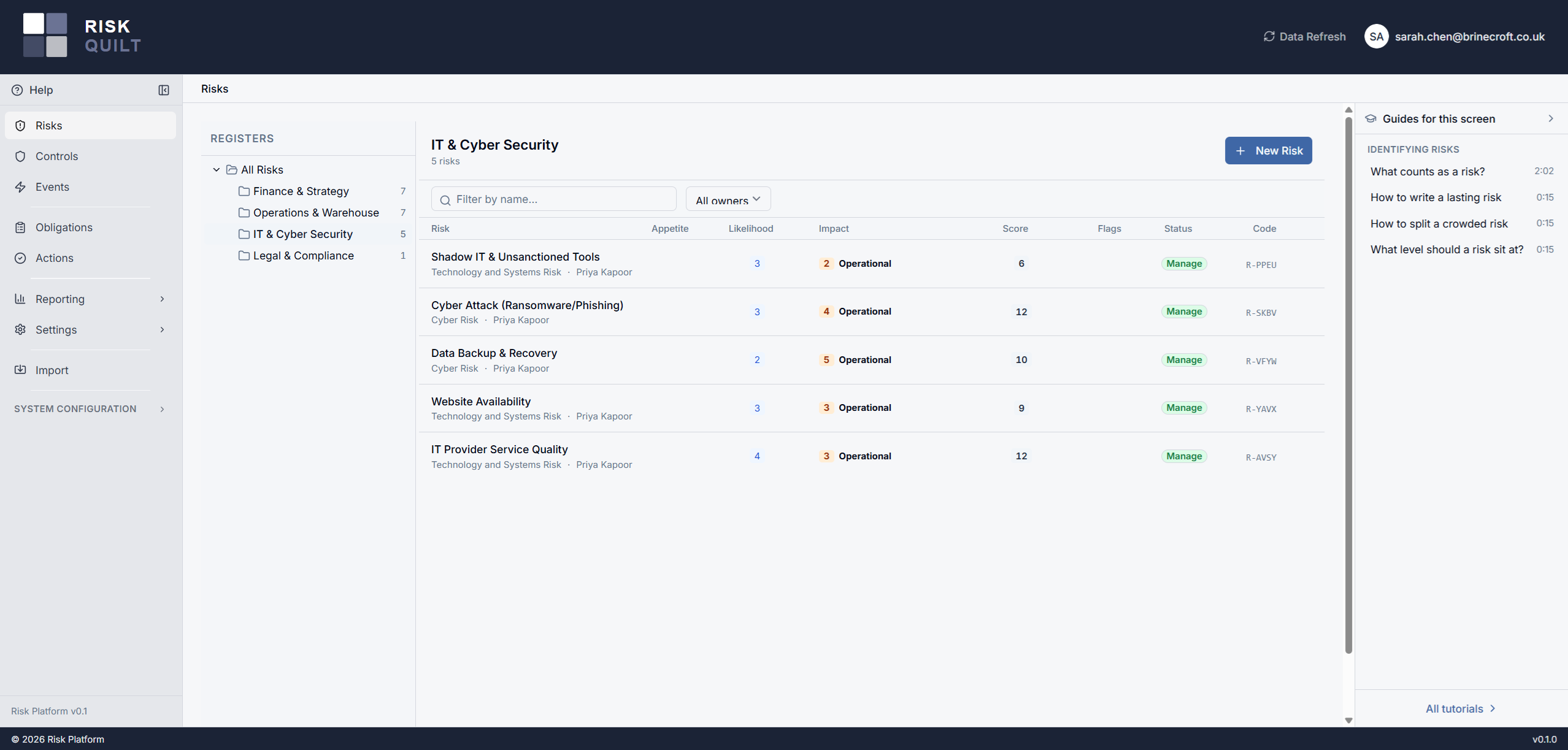 RiskQuilt risk register showing risks with lifecycle state, scoring, and category structure