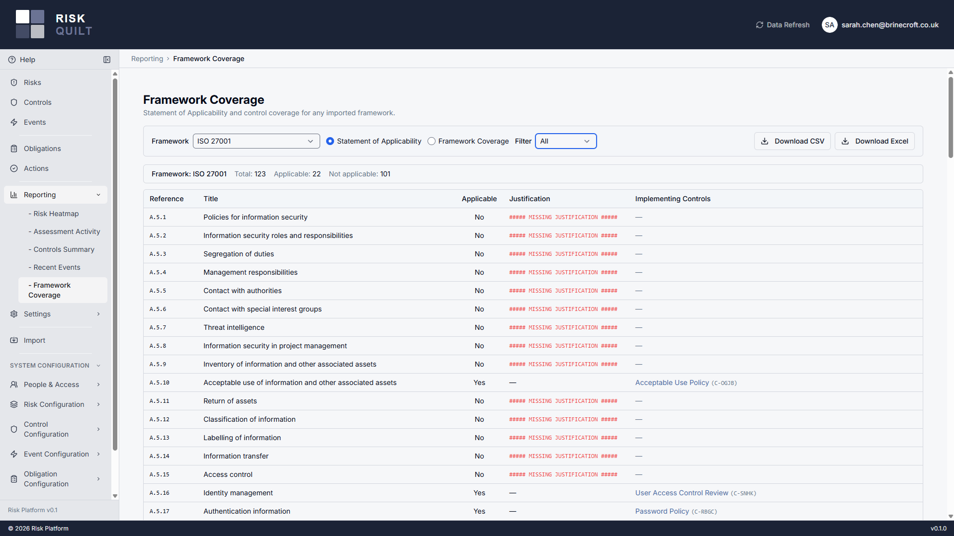 Statement of Applicability generated from live data, showing coverage status, control status, and evidence links per requirement.